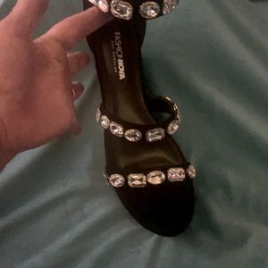 Black wedge type sandal with clear stones zipper on the back